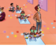 Cartoon Roboter sortiert bunte Datenblöcke