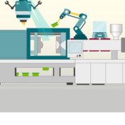 Cartoon KI Roboter scannt Objekte im Spritzguss