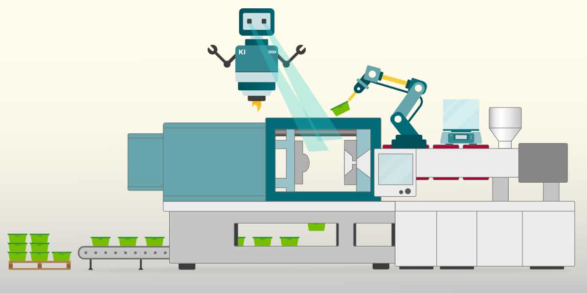 Cartoon KI Roboter scannt Objekte im Spritzguss