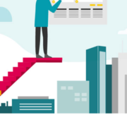 Cartoon Grafik Wissenschaftler zeigt auf Diagramm