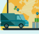 Supply Chain Grafik Lieferwagen vor Weltkarte