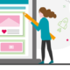 Cartoon UX Design Frau zeichnet mit Bleistift