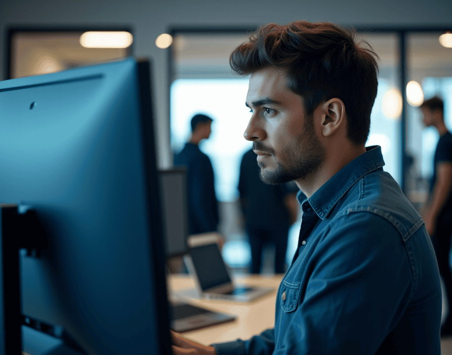 Mann vor Computer-Bildschirm im hyperrealistischen Stil, KI-generiert