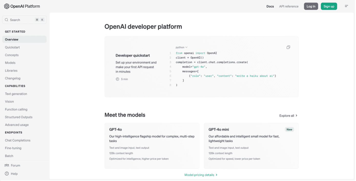 Screenshot der Open AI Developer Platform