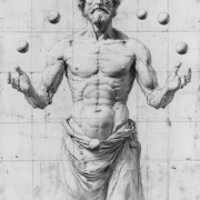 KI generierte Zeichnung eines antiken Griechen. Er jongliert mit acht Bällen. Stil: Leonardo da Vinci.