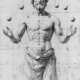 KI generierte Zeichnung eines antiken Griechen. Er jongliert mit acht Bällen. Stil: Leonardo da Vinci.