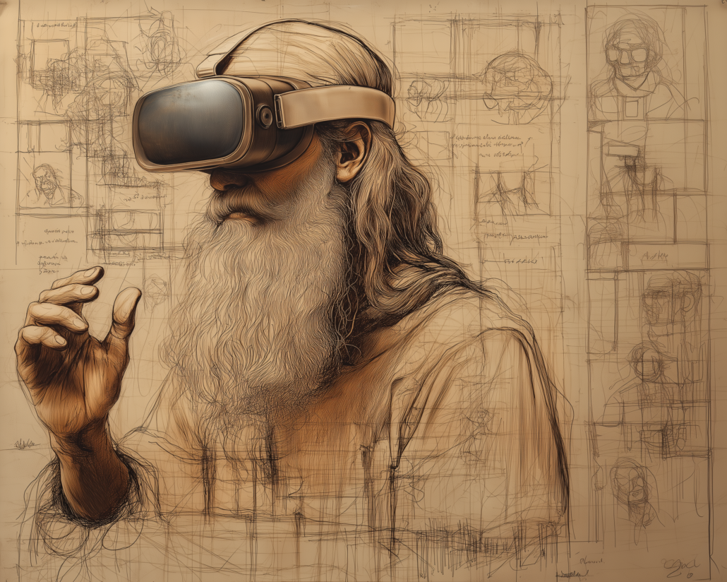 KI generierte Zeichnung von Leonardo da Vinci mit AR-Brille auf dem Kopf. Stil: Leonardo da Vinci
