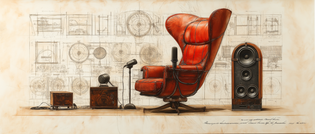 KI-generierte farbige Zeichnung eines Wohnzimmersessels mit antiker Soundanlage. Stil: Leonardo da Vinci