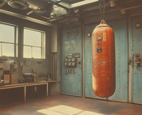 KI-generiertes Bild eines Maschinenraums mit Boxsack. Stil: Retro-Science-Fiction
