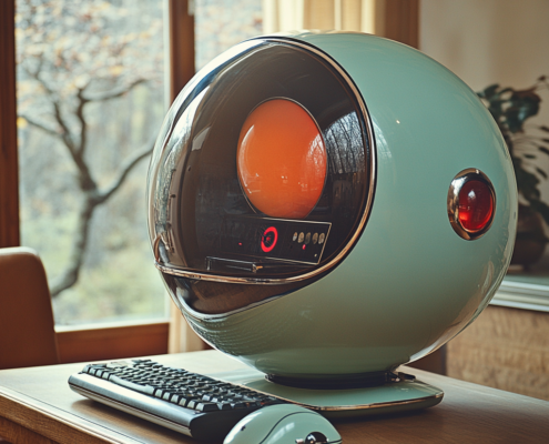 KI-generiertes Bild eines organisch geformten Computers. Stil: Retro-Science-Fiction