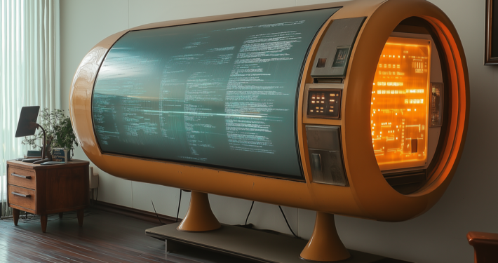 KI-generiertes Bild einer digitalen Röhre mit Leuchtdioden im Innen und digitalem Display außen. Stil: Retro-Science-Fiction