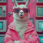 KI-generiertes Bild eines Lamas in pinker Sportjacke mit pinker Brille. Darin digitale Monitore anstelle der Brillengläser. Im Hintergrund eine ebenfalls pinke Wand mit vielen Retro-Monitoren. Stil: Retro-Eighties