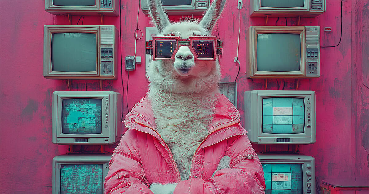 KI-generiertes Bild eines Lamas in pinker Sportjacke mit pinker Brille. Darin digitale Monitore anstelle der Brillengläser. Im Hintergrund eine ebenfalls pinke Wand mit vielen Retro-Monitoren. Stil: Retro-Eighties