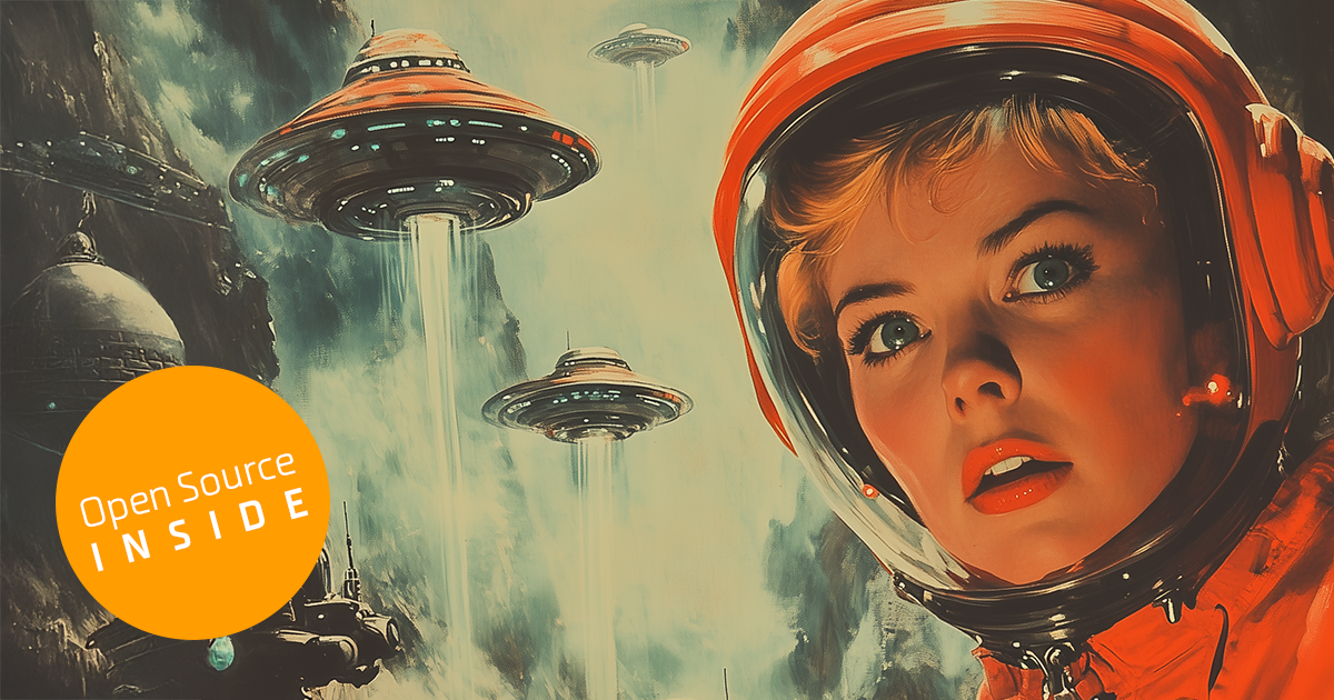KI-generiertes Bild einer Astronautin im Raumanzug auf einem Planeten. Im Hintergrund bewaffnete Truppen und futuristische Flugobjekte. Stil: Retro-Science-Fiction