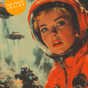 KI-generiertes Bild einer Astronautin im Raumanzug auf einem Planeten. Im Hintergrund bewaffnete Truppen und futuristische Flugobjekte. Stil: Retro-Science-Fiction