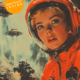 KI-generiertes Bild einer Astronautin im Raumanzug auf einem Planeten. Im Hintergrund bewaffnete Truppen und futuristische Flugobjekte. Stil: Retro-Science-Fiction