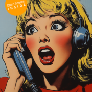 KI-generiertes Bild eines blonden Frauenkopfes mit Headset und Telefonhörer an den Ohren. Stil: Popart, Roy Lichtenstein