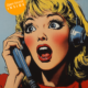 KI-generiertes Bild eines blonden Frauenkopfes mit Headset und Telefonhörer an den Ohren. Stil: Popart, Roy Lichtenstein