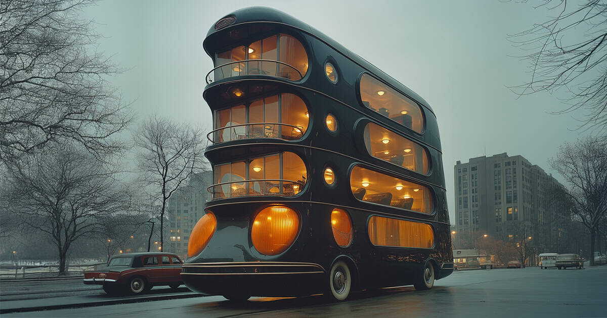KI-generiertes Bild eines organisch geformten Vier-Etagen-Busses. Stil: Retro-Avantgarde