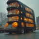 KI-generiertes Bild eines organisch geformten Vier-Etagen-Busses. Stil: Retro-Avantgarde