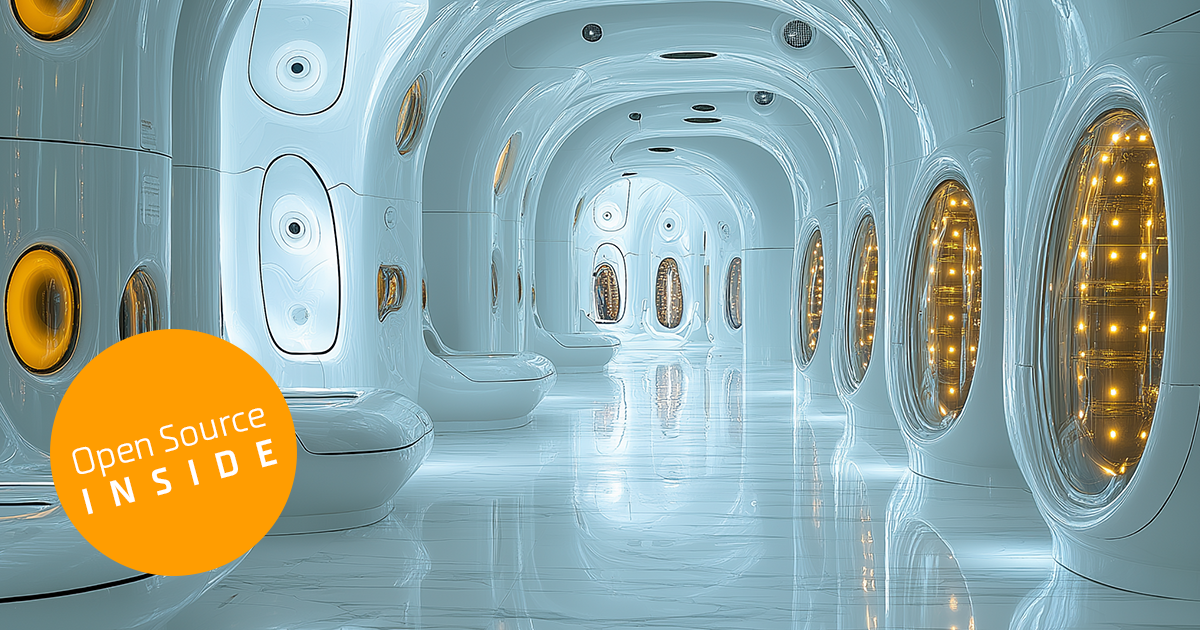 KI-generiertes Bild eines futuristischen, organisch geformten Ganges mit Guckfenstern in digitale Maschinenräume mit Schaltkreisen und Leuchtdioden. Stil: Avantgarde