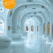 KI-generiertes Bild eines futuristischen, organisch geformten Ganges mit Guckfenstern in digitale Maschinenräume mit Schaltkreisen und Leuchtdioden. Stil: Avantgarde