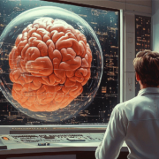 KI-generiertes Bild eines Mannes vor einem großen digitalen Dashboard, auf dessen Bildschirm ein großes Gehirn zu sehen ist. Stil: Retro-Science-Fiction