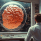 KI-generiertes Bild eines Mannes vor einem großen digitalen Dashboard, auf dessen Bildschirm ein großes Gehirn zu sehen ist. Stil: Retro-Science-Fiction