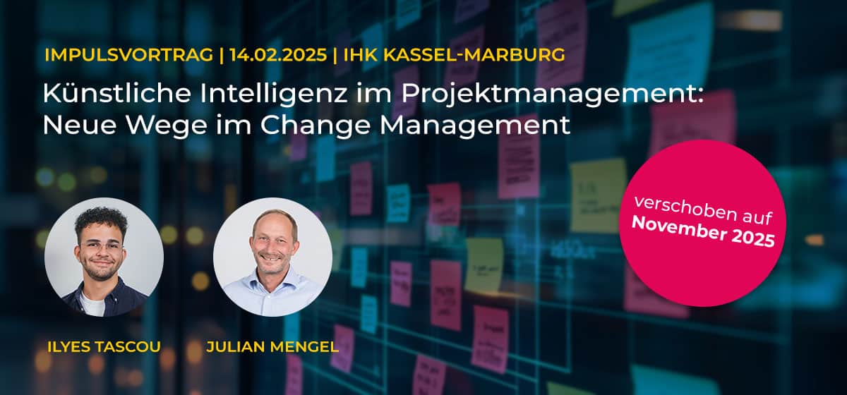 Keyvisual für den Vortrag von Ilyes Tascou und Julian Mengel zum Thema KI im Projektmanagement. Darauf die Porträtfotos der beiden Speaker.