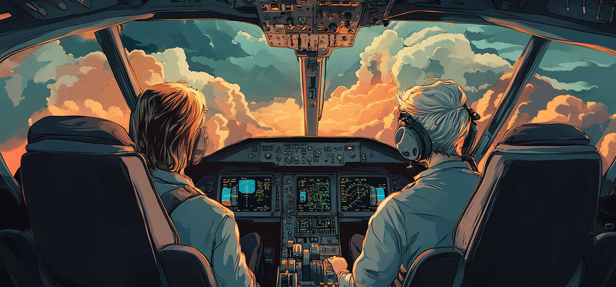 KI-generierte Ilustration von zwei Pilotinnen im Flugzeug-Cockpit