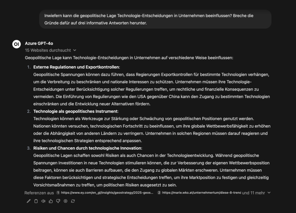Screenshot einer KI-Antwort zu der Frage, inwiefern die geopolitische Lage Technologie-Entscheidungen beeinflussen kann.