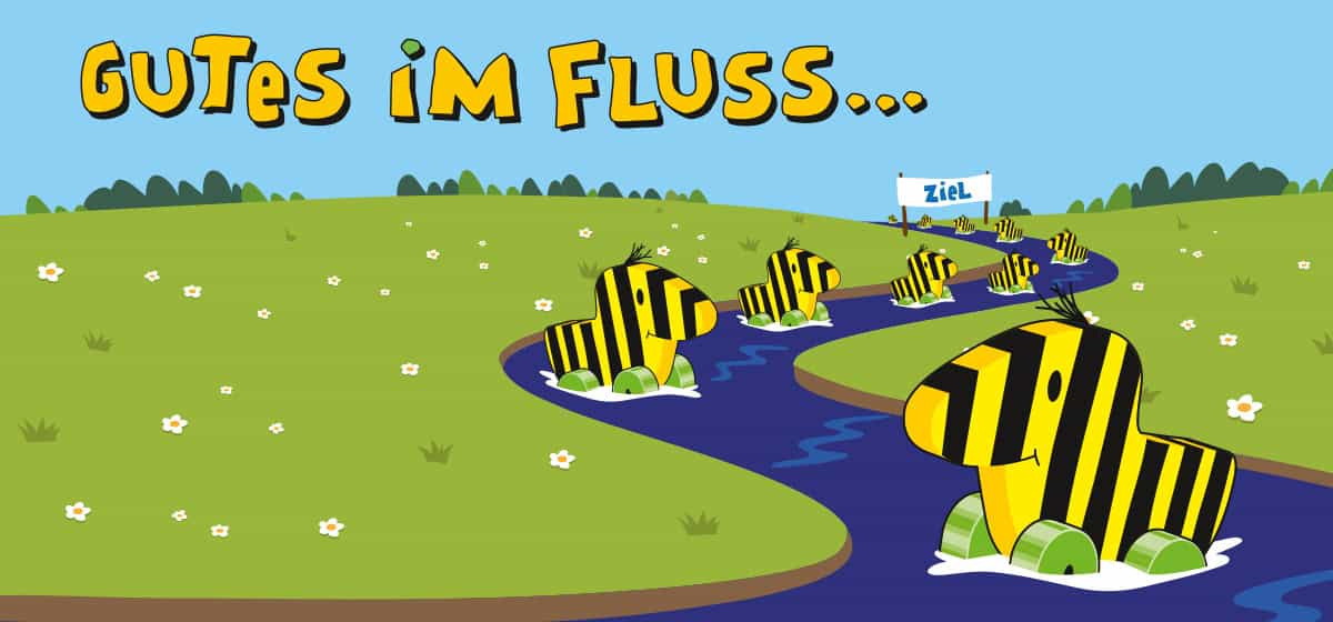 Titelmotiv Tigerenten-Rennen 2025: Tigerenten schwimmen in einem Fluss