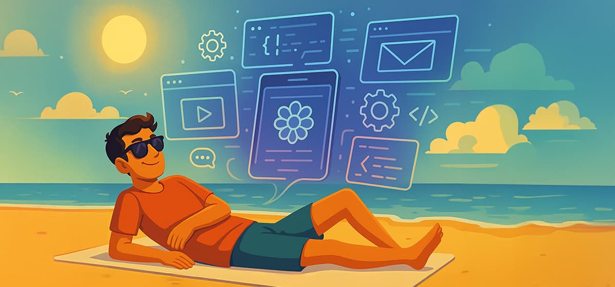 Vibe Coding. Junger Mann liegt am Strand und träumt von smarten Softwarelösungen