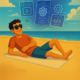 A man laying on the beach with his phone on the sand