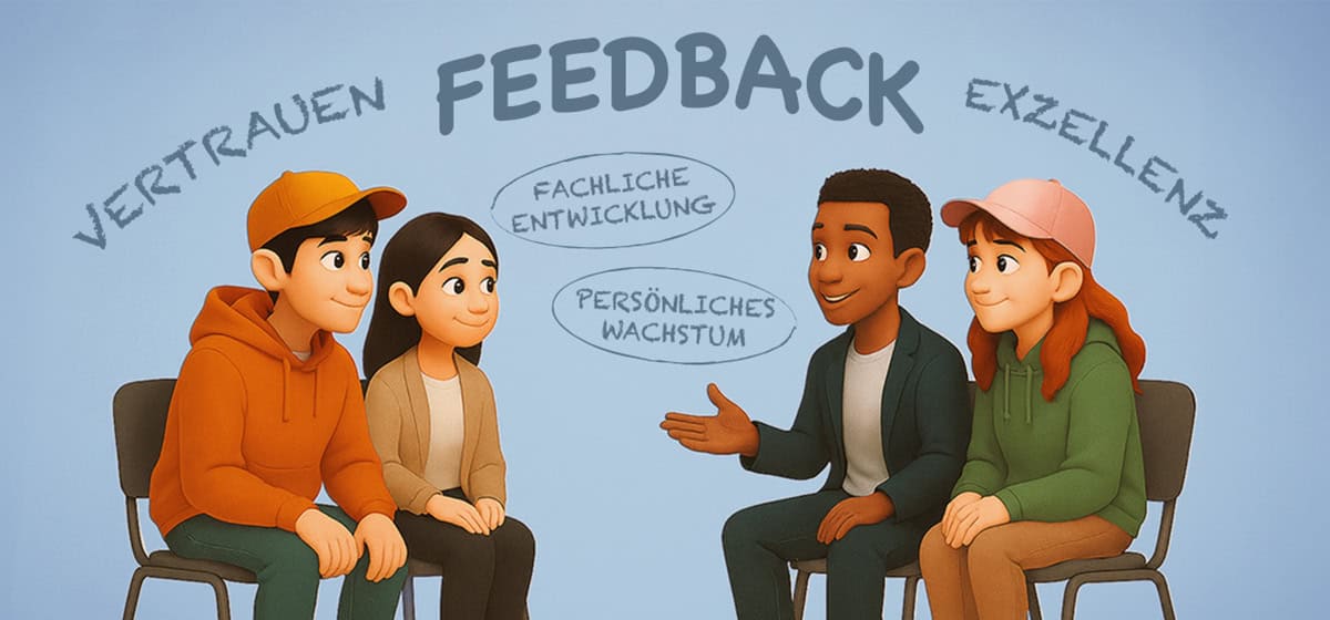 KI-generiertes Bild von vier Personen, die sich gegenübersitzend Feedback geben. Dazu der Text: Vertrauen, Feedback, Exzellenz, fachliche Entwicklung, persönliches Wachstum.