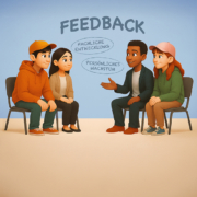 KI-generiertes Bild von vier Personen, die sich gegenübersitzend Feedback geben. Dazu der Text: Feedback, fachliche Entwicklung, persönliches Wachstum.