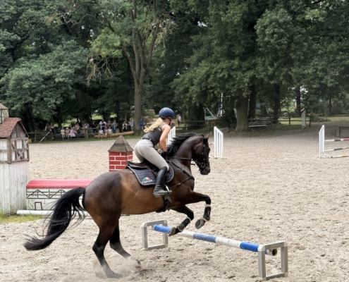 Micromata-Sommerfest 2025 auf Gut Waitzrodt: Springreiterin auf Reitplatz