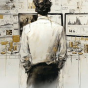 KI-Designelement: Mann von hinten in Leitstand mit vielen Monitoren. Stil: gezeichnet