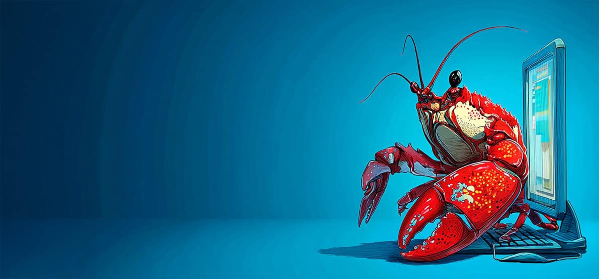 KI-Illustration: Rote Krabbe am Computer, bezugnehmend auf OpenClaw