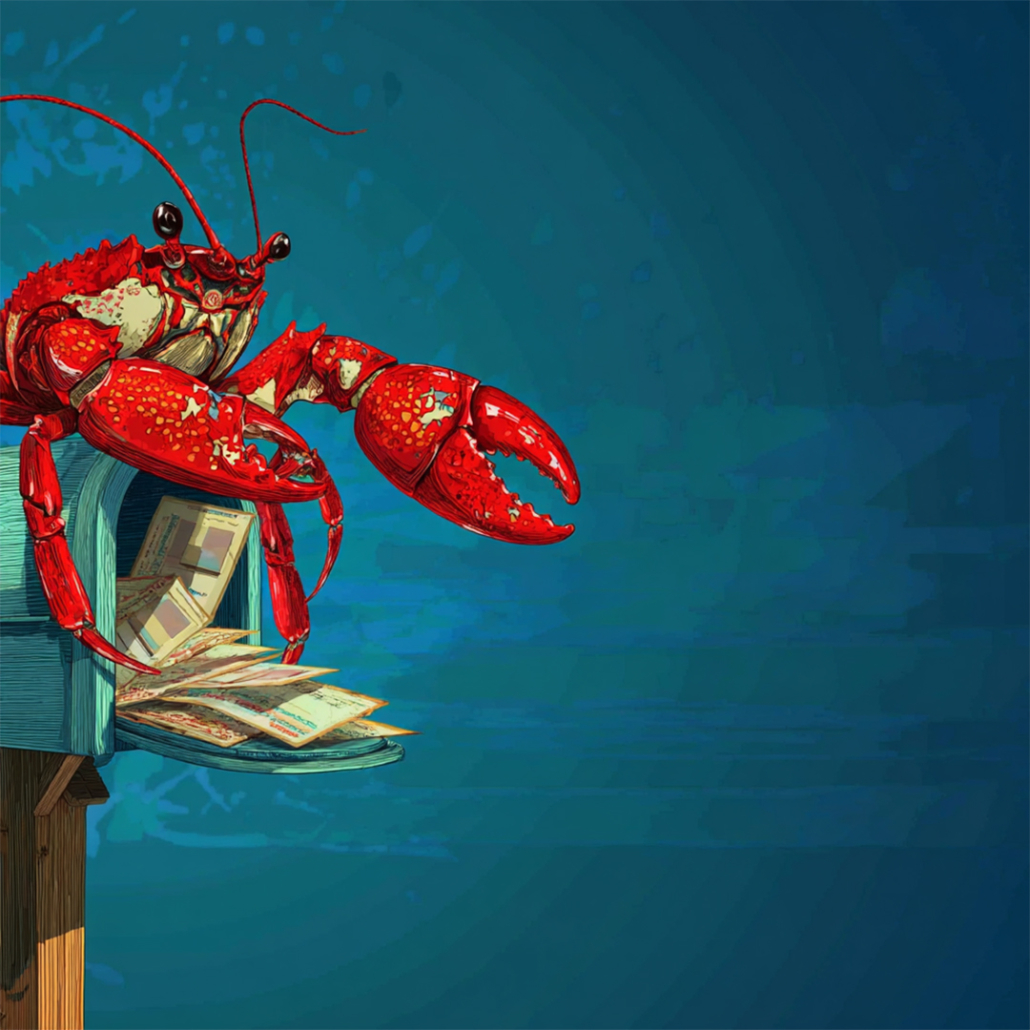 KI-Illustration: Rote Krabbe plündert Briefkasten, bezugnehmend auf OpenClaw