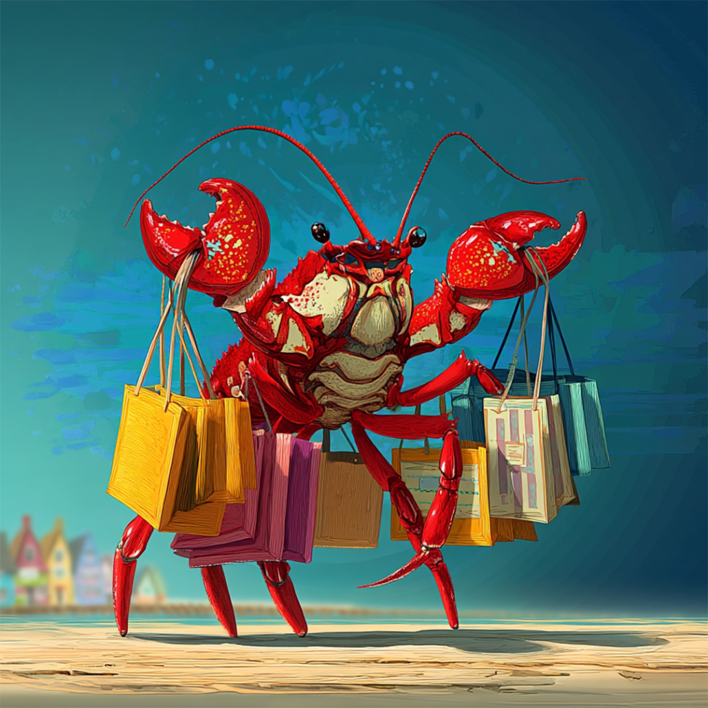 KI-Illustration: Rote Krabbe mit Shoppingtüten, bezugnehmend auf OpenClaw