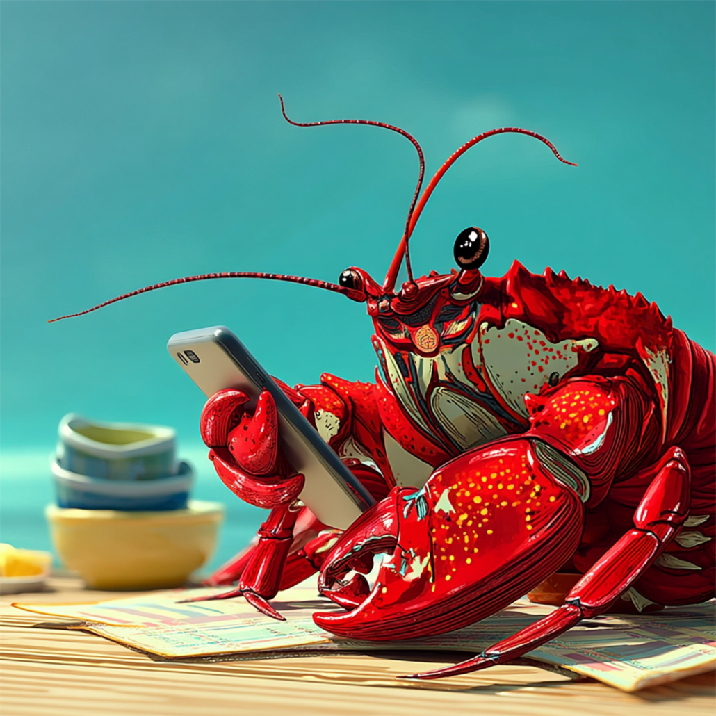 KI-Illustration: Rote Krabbe nutzt Smartphone, bezugnehmend auf OpenClaw