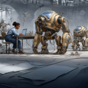 KI-Bild im Comic-Stil: Junge Frau arbeitet an einem Laptop mit großen Robotern in einem Hightech-Labor.