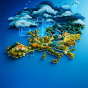 KI-generierte Grafik von den Umrissen Europas, darüber Wolken-Symbole für die Cloud