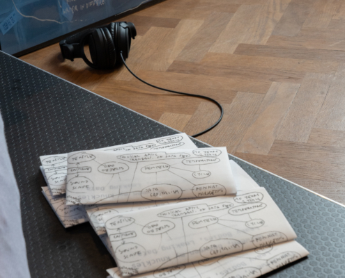 Notizblätter mit Brainstorming-Notizen, Headset, Whiteboard im Hintergrund.