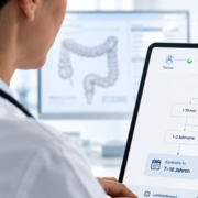 Ärztin liest medizinische Darmkrebs-Leitlinie auf Tablet im medizinischen Umfeld